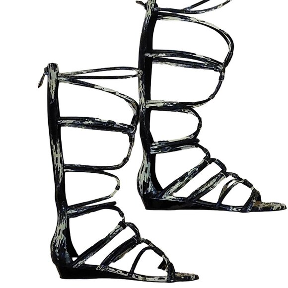 BCBGMAXAZRIA Black and White Leather Gladiator Sandals Flats Shoes Retail $484 - Picture 5 of 7